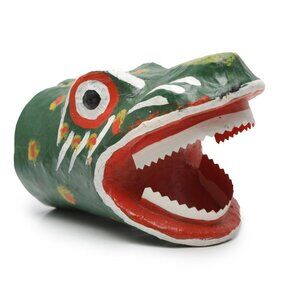 Vintage Paper Dragon Snake Hand Puppet Handmade Green Red Open Mouth Teeth Bite